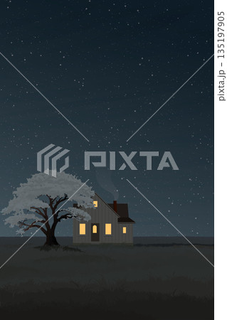 Minimalist landscape grass field with country house and big tree at night flat design illustrated have blank space. Minimalist landscape grass field with country house and big tree at night flat design illustrated have blank space. 135197905