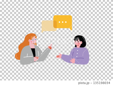 A Japanese woman conversing in English with a Western woman 135198034