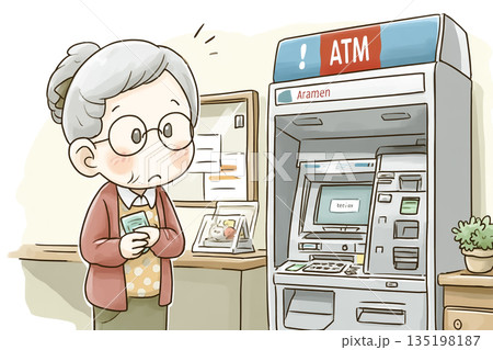 ATM操作中に不安を感じるシニア女性と詐欺対策を伝えるイラスト ATM操作中に不安を感じるシニア女性と詐欺対策を伝えるイラスト 135198187