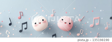 音符とかわいいキャラクターが浮かぶやさしい音楽イメージ背景イラスト 音符とかわいいキャラクターが浮かぶやさしい音楽イメージ背景イラスト 135198190