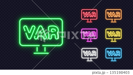 Set of glowing VAR neon signs in various colors, perfect for football match reviews or sports-related broadcasts. 135198403