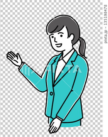 一位穿著西裝的女士舉起一隻手引導，面帶微笑，請這邊走，客服，向量圖 135198478