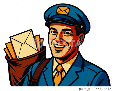 Smiling retro mailman raster illustration 135198712