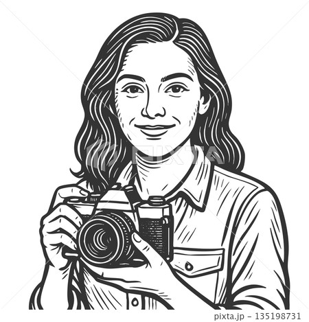 Female Photographer Holding Camera sketch raster 135198731