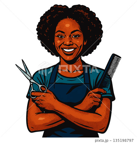 Smiling Barber Holding Scissors and Comb vector Smiling Barber Holding Scissors and Comb vector 135198797