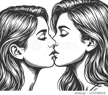 Two Women Kissing engraving vector illustration Two Women Kissing engraving vector illustration 135198828
