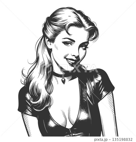 Pin-Up Woman in Leather Jacket Art engraving raster Pin-Up Woman in Leather Jacket Art engraving raster 135198832