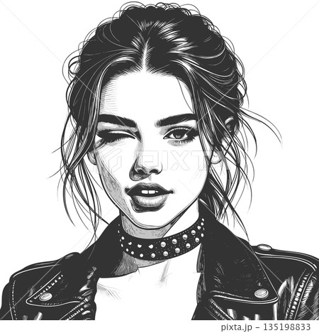 Winking woman in leather jacket engraving vector Winking woman in leather jacket engraving vector 135198833