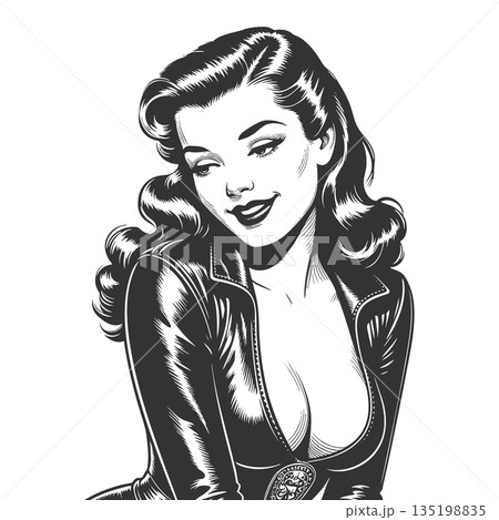 Pin-Up Woman in Leather Jacket Art engraving raster Pin-Up Woman in Leather Jacket Art engraving raster 135198835