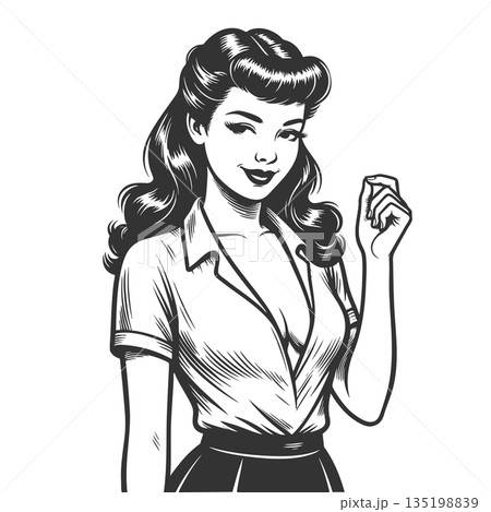 Retro Pin-Up Woman Vintage Style engraving raster Retro Pin-Up Woman Vintage Style engraving raster 135198839