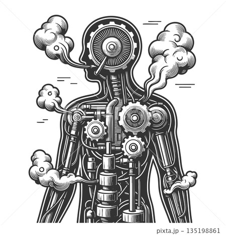 Steampunk Human Body with Gears and Steam raster 135198861