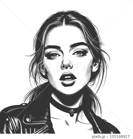 Stylish Woman in Leather Jacket engraving vector 135198927