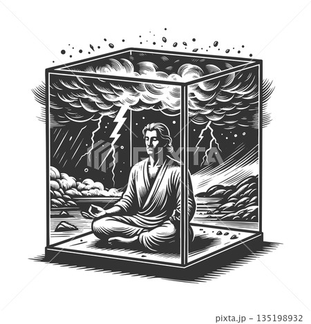 Calm meditation inside chaos protection cube Calm meditation inside chaos protection cube 135198932