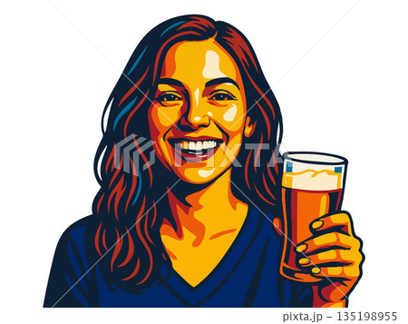 Smiling Woman Holding Beer in Pop Art Style raster 135198955