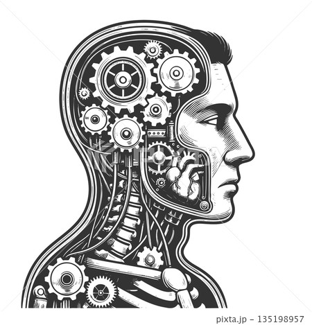 Mechanical Human Head with Gears and Pipes raster 135198957