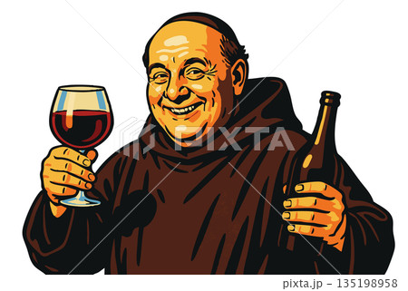 Smiling Monk Holding Wine Bottle and Glass raster Smiling Monk Holding Wine Bottle and Glass raster 135198958