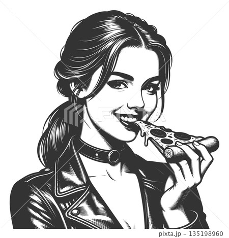 Woman Eating Pizza Slice Black and White Art 135198960