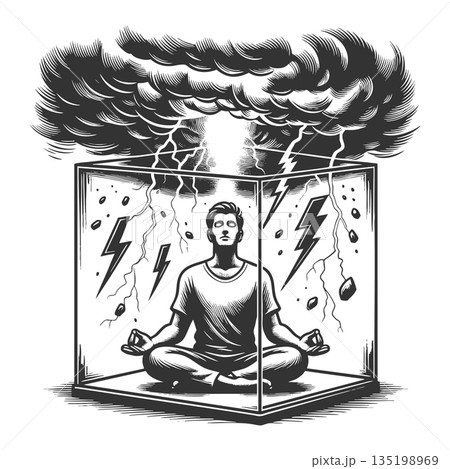 Calm meditation inside chaos protection cube Calm meditation inside chaos protection cube 135198969