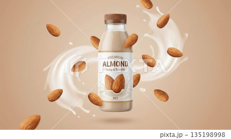 ベージュの背景でミルクが旋回するアーモンドミルクのボトルと香ばしいナッツ 135198998