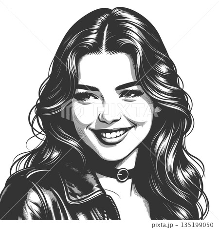 Smiling Woman in Leather Jacket Black and White Smiling Woman in Leather Jacket Black and White 135199050