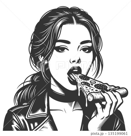 Woman Eating Pizza Slice Black and White Art Woman Eating Pizza Slice Black and White Art 135199061
