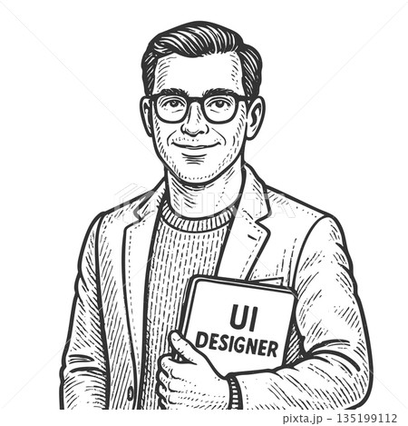 male UI designer holding tablet engraving vector male UI designer holding tablet engraving vector 135199112