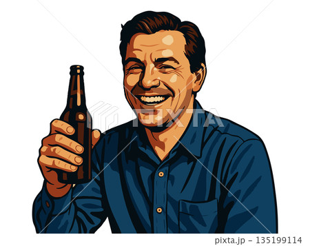 Smiling man holding beer in colorful illustration Smiling man holding beer in colorful illustration 135199114