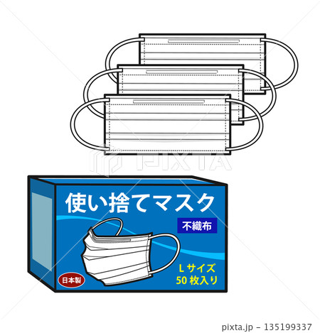 3枚の使い捨てマスクとそのパッケージ 3枚の使い捨てマスクとそのパッケージ 135199337
