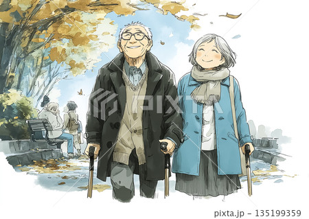 秋の公園を散歩するシニア夫婦の穏やかな外出イラスト 135199359