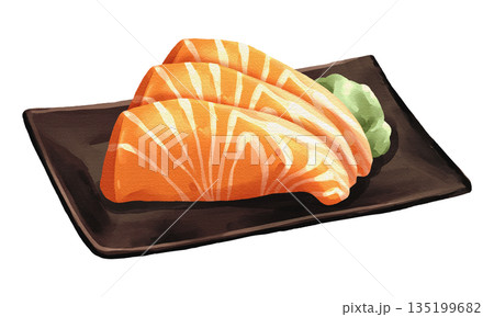 Fresh Salmon sashimi slices with wasabi on black plate, realistic hand-drawn watercolor painting. Premium Japanese seafood illustration. Transparent background. 135199682