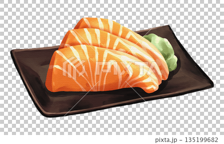 Fresh Salmon sashimi slices with wasabi on black plate, realistic hand-drawn watercolor painting. Premium Japanese seafood illustration. Transparent background. 135199682