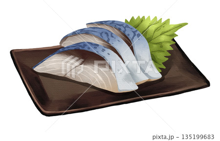 Sliced Saba mackerel sashimi with shiso leaf on black plate, realistic hand-drawn watercolor painting. Premium Japanese seafood illustration. Transparent background. 135199683