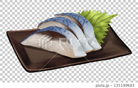 Sliced Saba mackerel sashimi with shiso leaf on black plate, realistic hand-drawn watercolor painting. Premium Japanese seafood illustration. Transparent background. 135199683