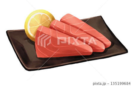 Maguro tuna sashimi with lemon slice on black plate, realistic hand-drawn watercolor painting. Premium Japanese seafood illustration. Transparent background. Maguro tuna sashimi with lemon slice on black plate, realistic hand-drawn watercolor painting. Premium Japanese seafood illustration. Transparent background. 135199684