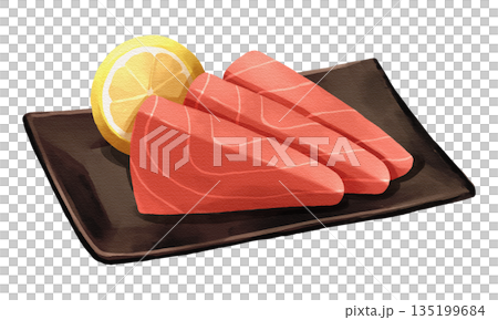 Maguro tuna sashimi with lemon slice on black plate, realistic hand-drawn watercolor painting. Premium Japanese seafood illustration. Transparent background. Maguro tuna sashimi with lemon slice on black plate, realistic hand-drawn watercolor painting. Premium Japanese seafood illustration. Transparent background. 135199684