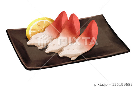 Hokkigai surf clam sashimi with lemon slice on black plate, realistic hand-drawn watercolor painting. Premium Japanese seafood illustration. Transparent background. Hokkigai surf clam sashimi with lemon slice on black plate, realistic hand-drawn watercolor painting. Premium Japanese seafood illustration. Transparent background. 135199685