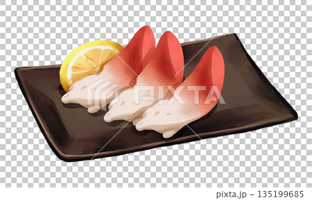 Hokkigai surf clam sashimi with lemon slice on black plate, realistic hand-drawn watercolor painting. Premium Japanese seafood illustration. Transparent background. Hokkigai surf clam sashimi with lemon slice on black plate, realistic hand-drawn watercolor painting. Premium Japanese seafood illustration. Transparent background. 135199685