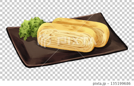 Tamagoyaki Japanese rolled omelet on black plate, realistic hand-drawn watercolor painting. Premium Japanese seafood illustration. Transparent background. Tamagoyaki Japanese rolled omelet on black plate, realistic hand-drawn watercolor painting. Premium Japanese seafood illustration. Transparent background. 135199686