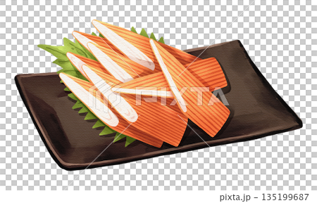 Kanikama crab sticks with shiso leaf on black plate, realistic hand-drawn watercolor painting. Premium Japanese seafood illustration. Transparent background. Kanikama crab sticks with shiso leaf on black plate, realistic hand-drawn watercolor painting. Premium Japanese seafood illustration. Transparent background. 135199687