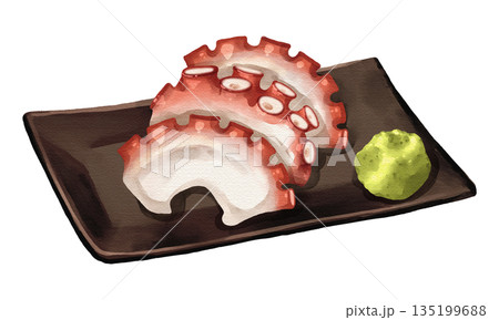 Fresh Tako octopus sashimi slices with wasabi on black plate, realistic hand-drawn watercolor painting. Premium Japanese seafood illustration. Transparent background. Fresh Tako octopus sashimi slices with wasabi on black plate, realistic hand-drawn watercolor painting. Premium Japanese seafood illustration. Transparent background. 135199688