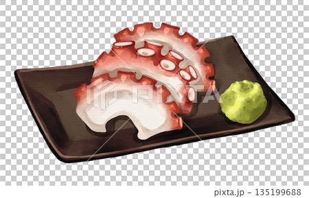 Fresh Tako octopus sashimi slices with wasabi on black plate, realistic hand-drawn watercolor painting. Premium Japanese seafood illustration. Transparent background. Fresh Tako octopus sashimi slices with wasabi on black plate, realistic hand-drawn watercolor painting. Premium Japanese seafood illustration. Transparent background. 135199688