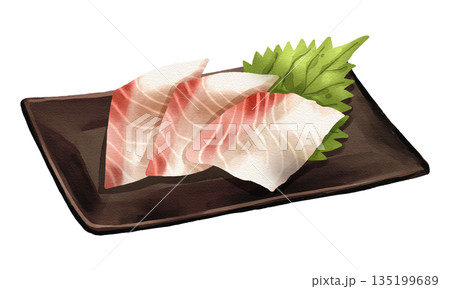 Sliced White fish Tai sea bream sashimi with shiso leaf on black plate, realistic hand-drawn watercolor painting. Premium Japanese seafood illustration. Transparent background. Sliced White fish Tai sea bream sashimi with shiso leaf on black plate, realistic hand-drawn watercolor painting. Premium Japanese seafood illustration. Transparent background. 135199689