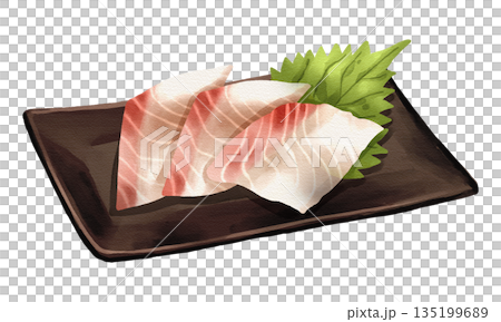 Sliced White fish Tai sea bream sashimi with shiso leaf on black plate, realistic hand-drawn watercolor painting. Premium Japanese seafood illustration. Transparent background. Sliced White fish Tai sea bream sashimi with shiso leaf on black plate, realistic hand-drawn watercolor painting. Premium Japanese seafood illustration. Transparent background. 135199689