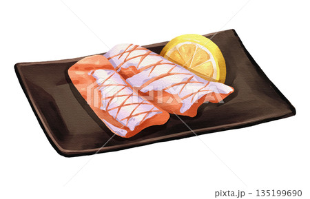Fatty toro salmon belly sashimi with lemon slice on black plate, realistic hand-drawn watercolor painting. Premium Japanese seafood illustration. Transparent background. 135199690