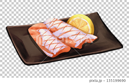Fatty toro salmon belly sashimi with lemon slice on black plate, realistic hand-drawn watercolor painting. Premium Japanese seafood illustration. Transparent background. 135199690