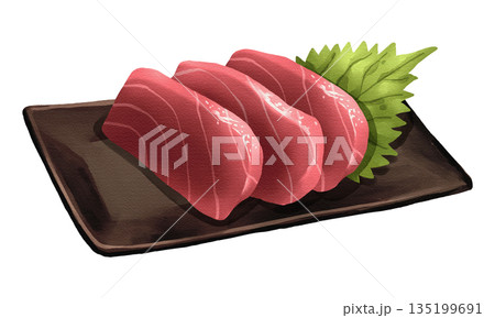 Maguro tuna sashimi slices with shiso leaf on black plate, realistic hand-drawn watercolor painting. Premium Japanese seafood illustration. Transparent background. Maguro tuna sashimi slices with shiso leaf on black plate, realistic hand-drawn watercolor painting. Premium Japanese seafood illustration. Transparent background. 135199691