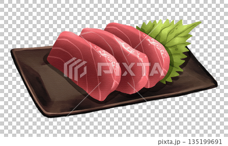 Maguro tuna sashimi slices with shiso leaf on black plate, realistic hand-drawn watercolor painting. Premium Japanese seafood illustration. Transparent background. Maguro tuna sashimi slices with shiso leaf on black plate, realistic hand-drawn watercolor painting. Premium Japanese seafood illustration. Transparent background. 135199691