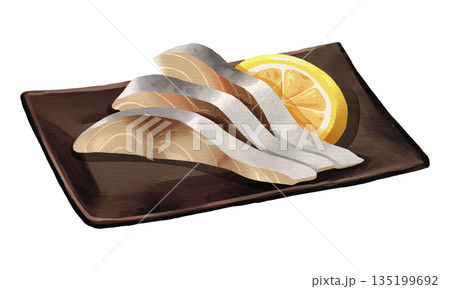 Sliced Saba mackerel sashimi with lemon slice on black plate, realistic hand-drawn watercolor painting. Premium Japanese seafood illustration. Transparent background. 135199692