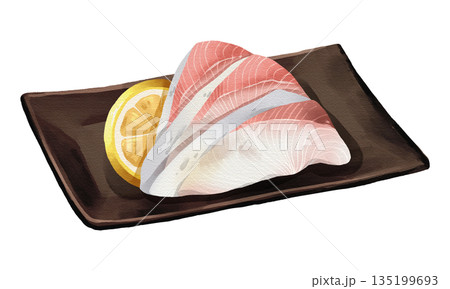 Hamachi yellowtail sashimi with lemon slice on black plate, realistic hand-drawn watercolor painting. Premium Japanese seafood illustration. Transparent background. 135199693