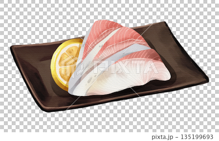 Hamachi yellowtail sashimi with lemon slice on black plate, realistic hand-drawn watercolor painting. Premium Japanese seafood illustration. Transparent background. Hamachi yellowtail sashimi with lemon slice on black plate, realistic hand-drawn watercolor painting. Premium Japanese seafood illustration. Transparent background. 135199693
